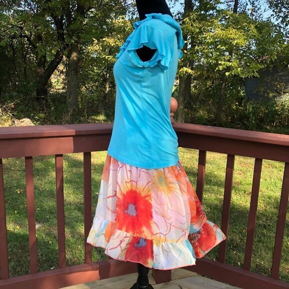 Wrapper 2-Piece Ruffle Top & Floral Skirt Set – Aqua Blue & Orange – Boho Spring - Picture 9 of 15
